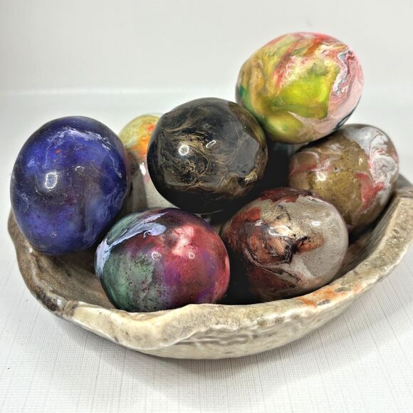 Artisan Handmade Decorative Enameled Eggs OOAK Lot 8 Easter Marbleized